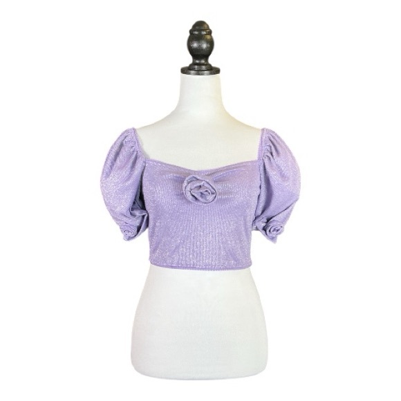 Dolls Kill Sugar Thrillz NWT Lilac Shimmer Rosette Fairy Puff Sleeve Crop Top M - Picture 2 of 10